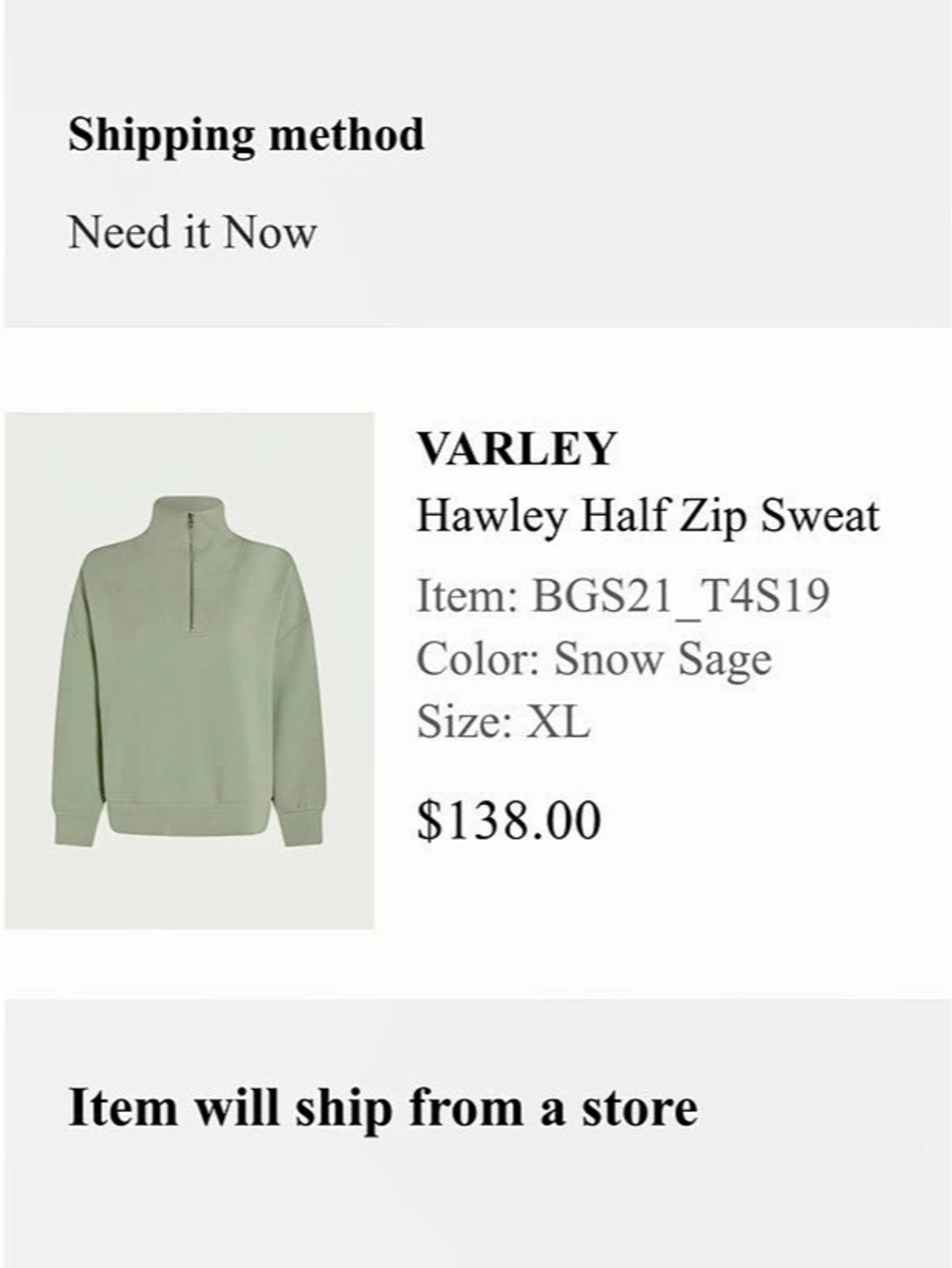 VARLEY Hawley Half Zip Sweat Half Zip Pullover in Green XL NWT